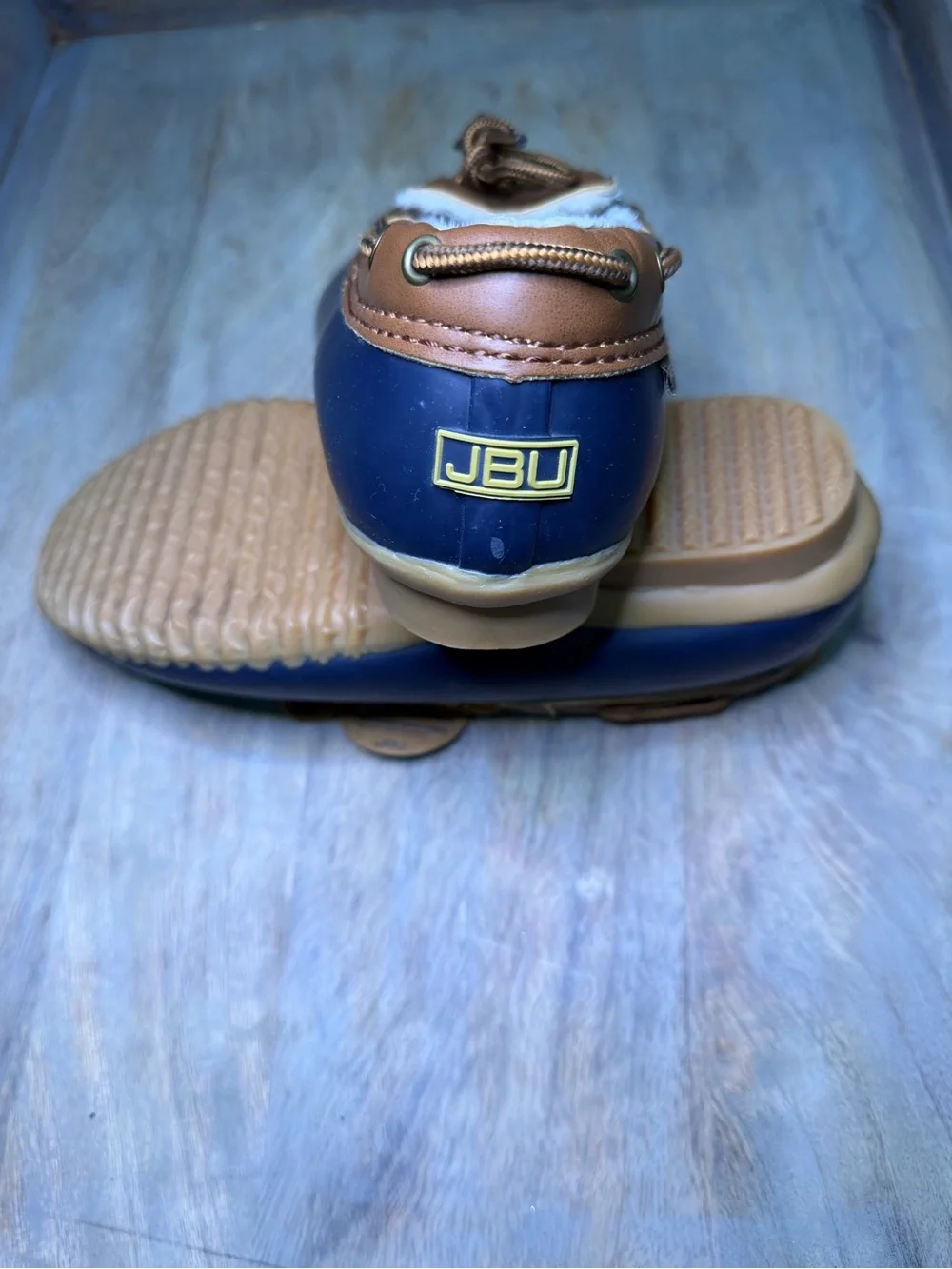 NEW JBU Mens Brown and Navy Duck Shoes - Cozy Outdoor Slip-Ons - Size 9